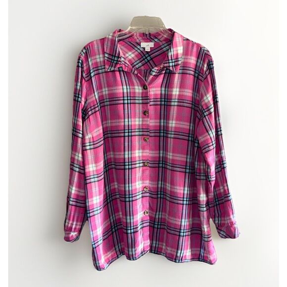 J Jill Plaid Flannel Shirt Button Up Pink Cabincore Casual Lightweight 2X Plus - Picture 1 of 14